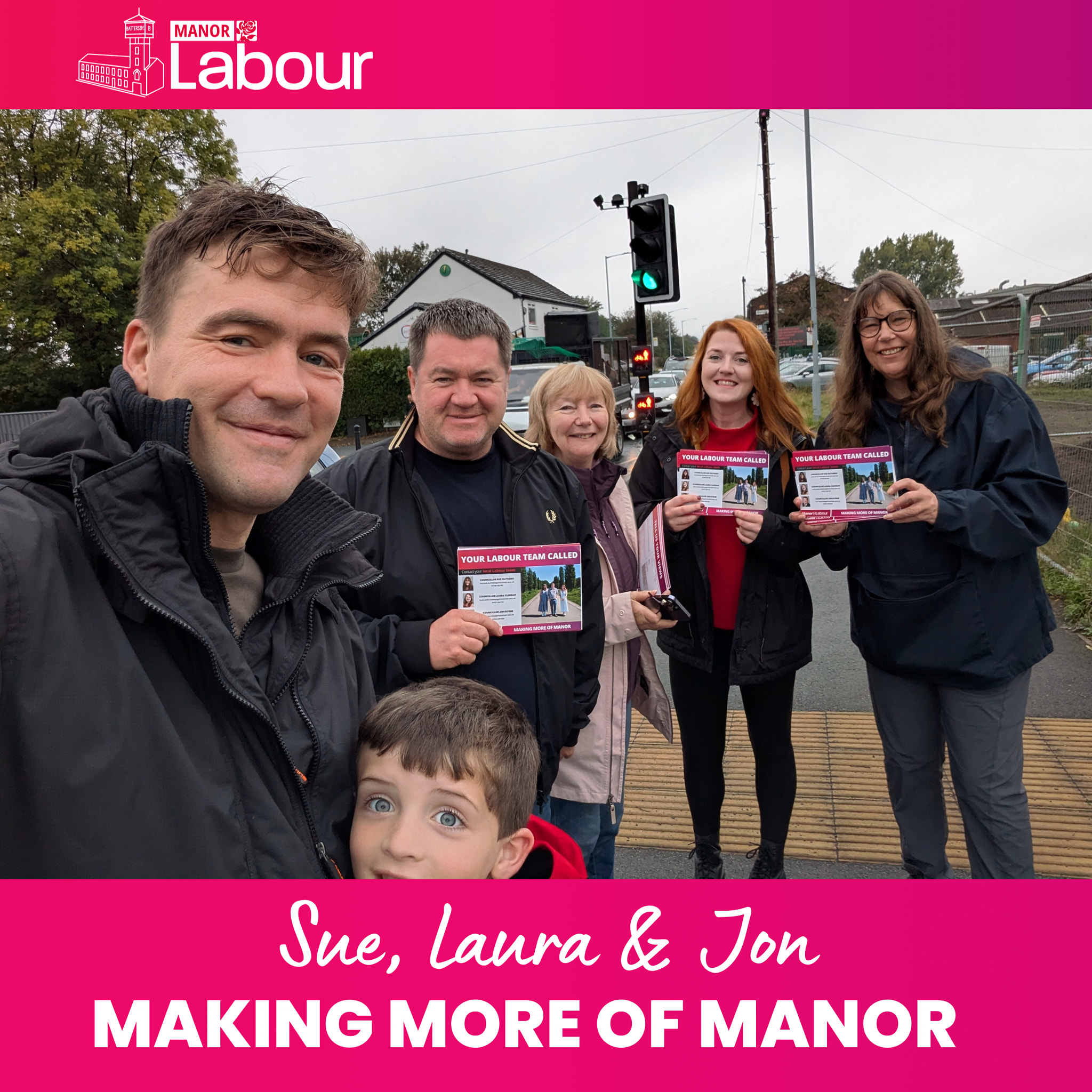 @[100075590484649:2048:Councillor Sue Glithero, Manor Ward], @[100063531055979:2048:Councillor Laura Clingan, Manor Ward] and I were joined by Cllrs Wild and Fitzpatrick this morning, and a special little helper. 

We were speaking to residents around the Fingerpost Junction area, these residents are currently having to deal with overnight resurfacing work which will be coming to an end in a few days. 

We had some updates on the end of these works, the works to Harold Street and we also picked 