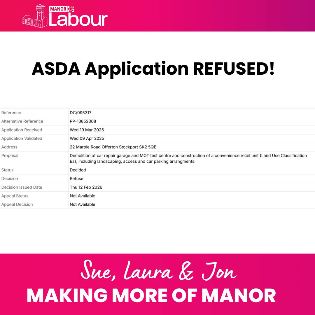 I know many people have been concerned about this planning application. In fact, I believe it was the application with the most comments ever received in Stockport.
As of today, the application has been rejected. As councillors, we were very concerned with this application in the form it was presented and called it in accordingly, so we could ensure local voices where heard in the process.
The council has taken a very sensible approach, considered all of the issues raised, and refused the appl