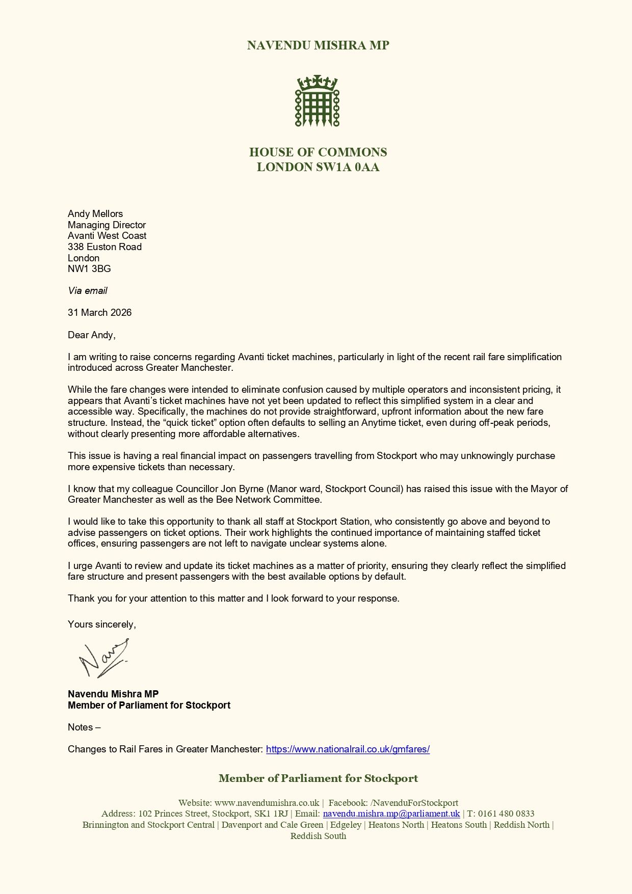 Last week I highlighted the issue of the Avanti ticket machines not offering passengers the best value fare upfront to @[100057730435730:2048:Navendu Mishra]. I thank him for taking up this issue which is undoubtedly costing Stockport residents money. 

The benefits of the investment we as a city region put into our public transport system should be available to everyone easily, not buried in a complex menu. We are now months away from Bee Network Rail starting so getting these things right is i