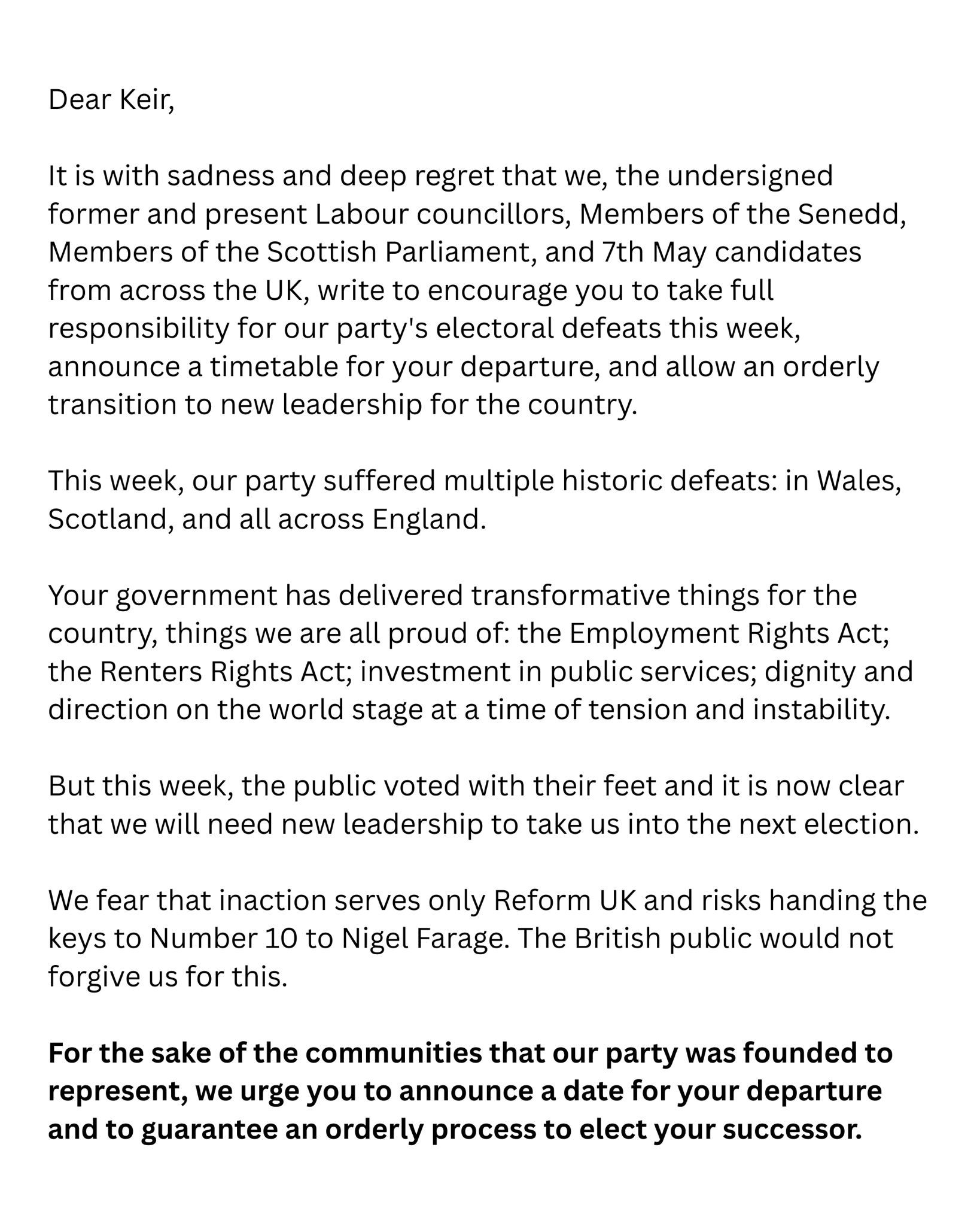 Over the weekend I along with many other Labour Councillors and former Councillors signed an open letter to the Prime Minister. 

From my discussion last month with him, I know the Prime Minister is a decent man who wants to improve the lives of all the people in our country. But the Labour Party is bigger than one person and when one person becomes a distraction from us being able to implement the change we need in our country, then we have to act. 

Despite what other parties will say, Britain