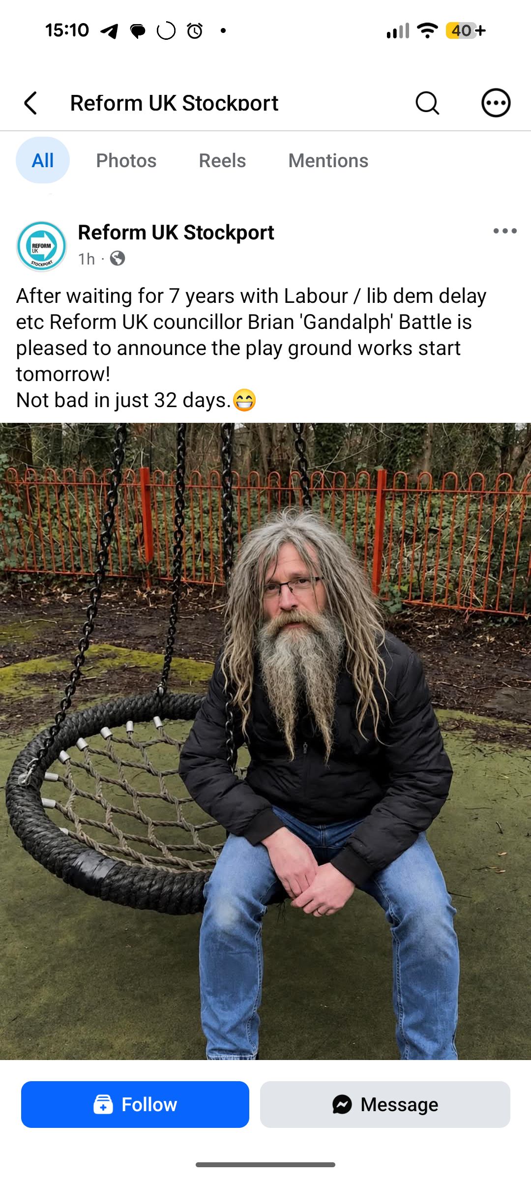 Well, this is breathtaking.

Reform UK are claiming credit for the Woodbank Park play area. Let us be very clear about what actually happened.

Councillor Clingan began securing funding for this play area in 2019. Over £130,000 was pulled together from multiple funding pots over years of work. The full amount was in place by February 2024. A Councillor Call for Action was raised by your Manor Labour Team to push the work over the line.

Brian Battle was elected 32 days ago.

He has not secured a