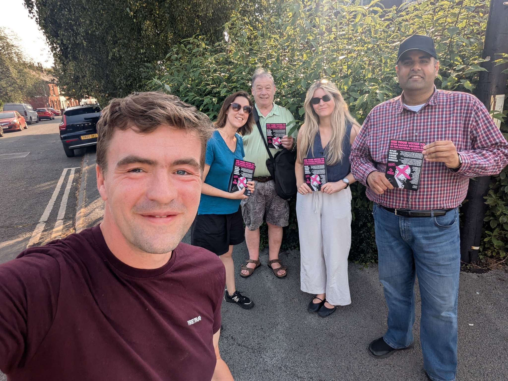 This evening @[100057730435730:2048:Navendu Mishra] and I spent some time delivering an anti-racism message to people in Stockport. 

Standing against racism is bigger than one political party. 

In this Mayoral election you have two opportunities to vote against parties that promote or welcome racism, please use them.