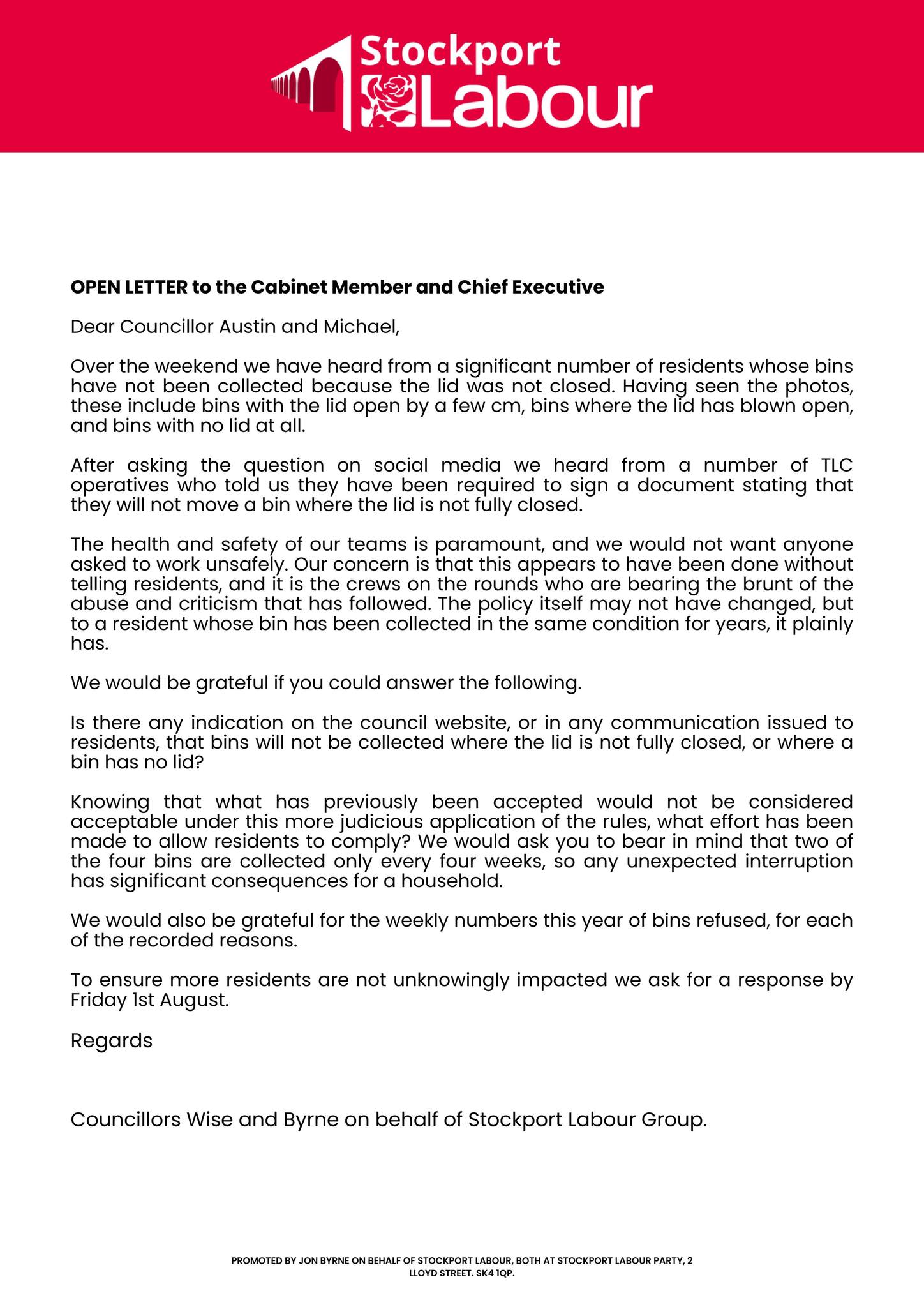 After the significant disruption to the bin collections this week Cllr Wise and I have written to the cabinet member and Chief Executive to get answers. 

Having received almost 100 example photographs it is clear that the change has caught many people off guard which could have been avoided with some clear communication. 

To be clear the issues here are to do with the communication and process followed by the council, not the waste collectors who do a sterling job in all weathers and feel the 