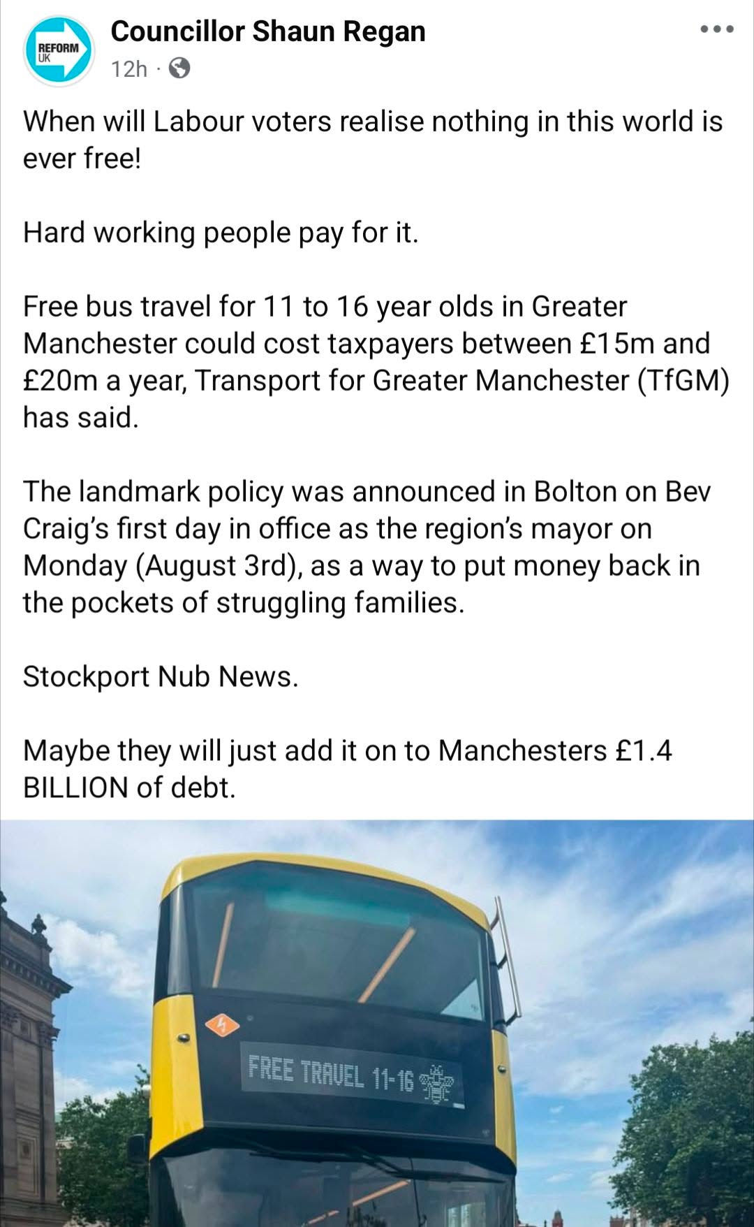 Posts like this from Reform Councillors are disrespectful trying to create a divide between people. Everyone in this country pays tax, there is clear evidence that those people on lower income pay a higher percentage than those with the highest incomes. 

It also either shows a lack of understanding or a deliberate misrepresentation by conflating revenue spend with capital debt, it is like comparing paying for your weekly shopping on a credit card with paying for your house on a mortgage, two di
